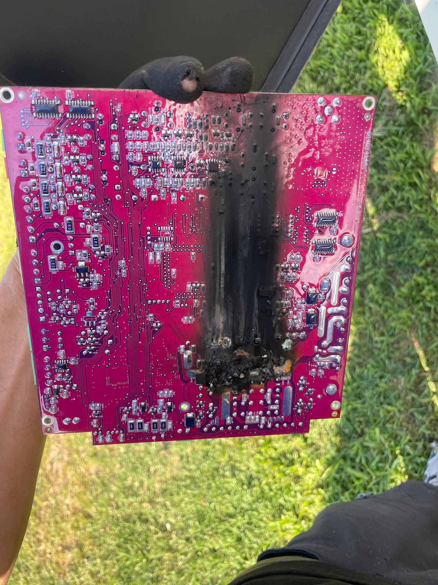 Gloved technician holding up a garage door operator circuit board with a wide black scorch mark burnt across its centre, standing over a grass lawn.